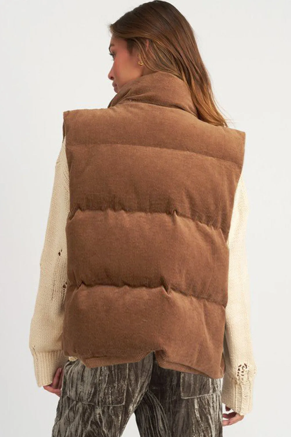 Coffee Corduroy Stand Neck Zipped Puffer Gilet