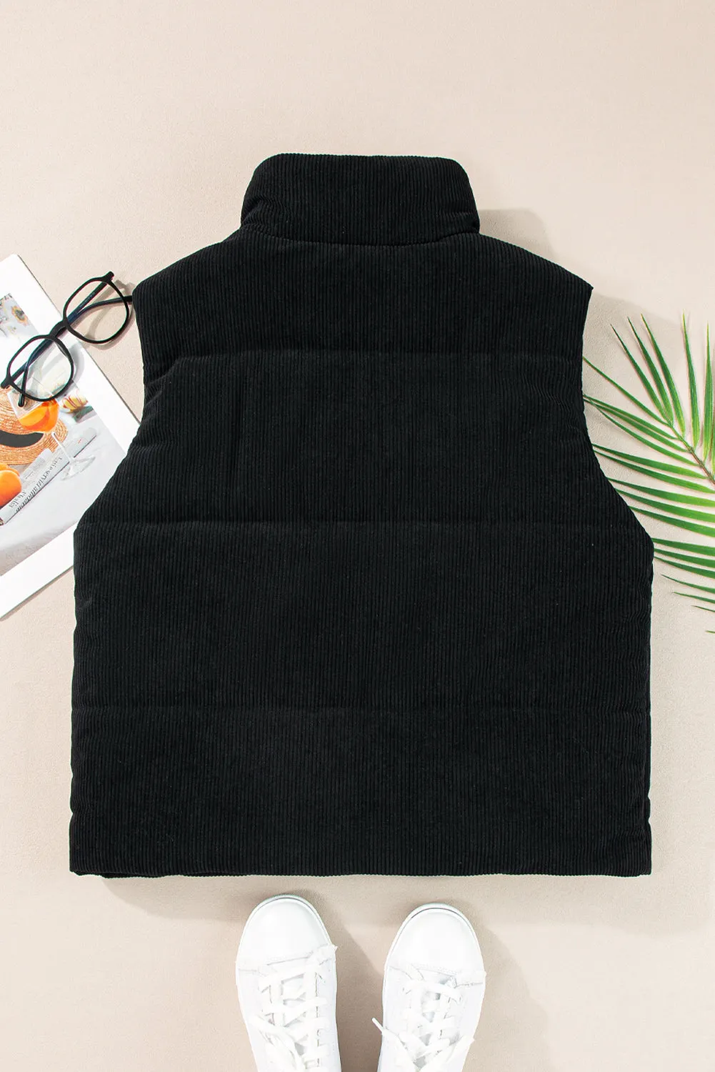 Coffee Corduroy Stand Neck Zipped Puffer Gilet