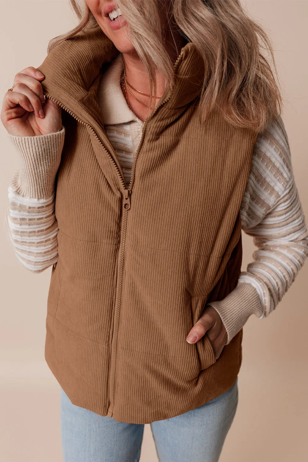 Coffee Corduroy Stand Neck Zipped Puffer Gilet