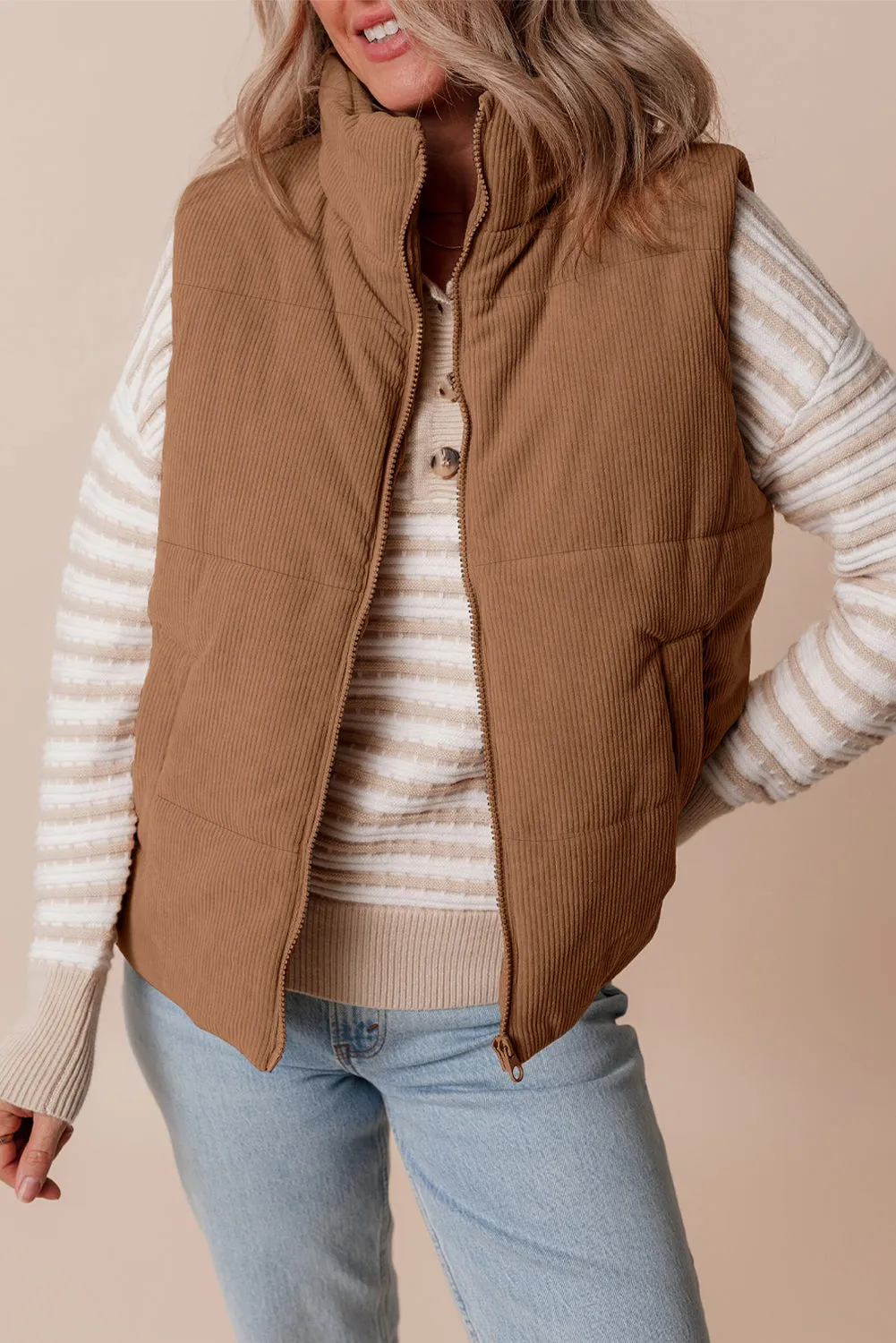 Coffee Corduroy Stand Neck Zipped Puffer Gilet