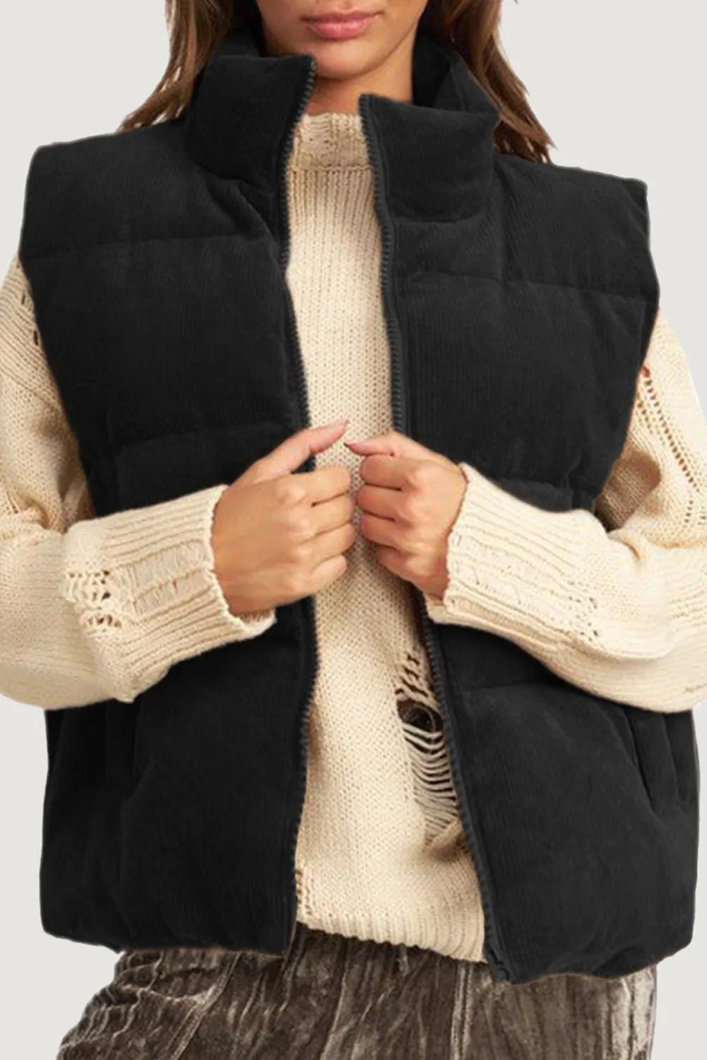 Coffee Corduroy Stand Neck Zipped Puffer Gilet