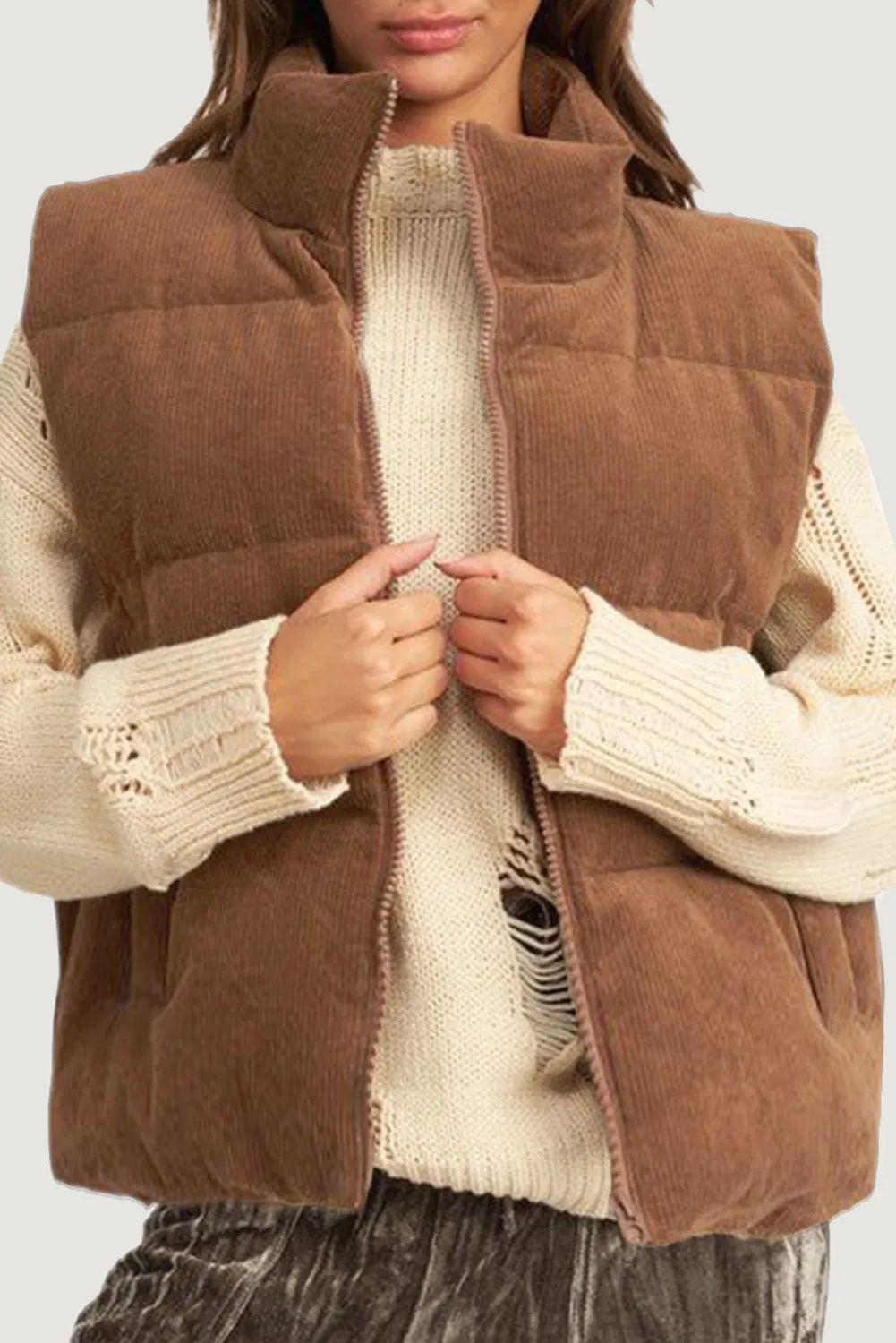 Coffee Corduroy Stand Neck Zipped Puffer Gilet