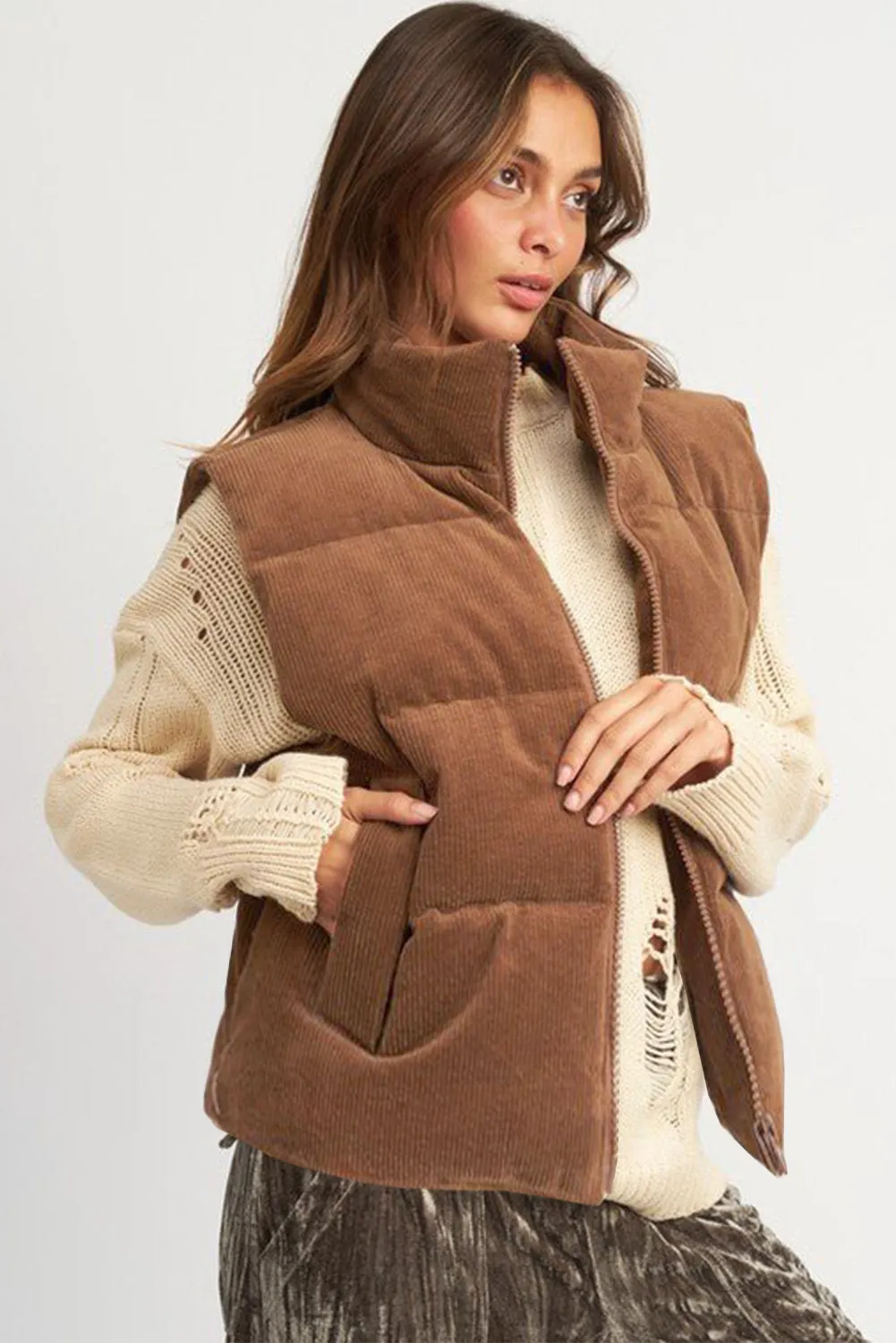 Coffee Corduroy Stand Neck Zipped Puffer Gilet