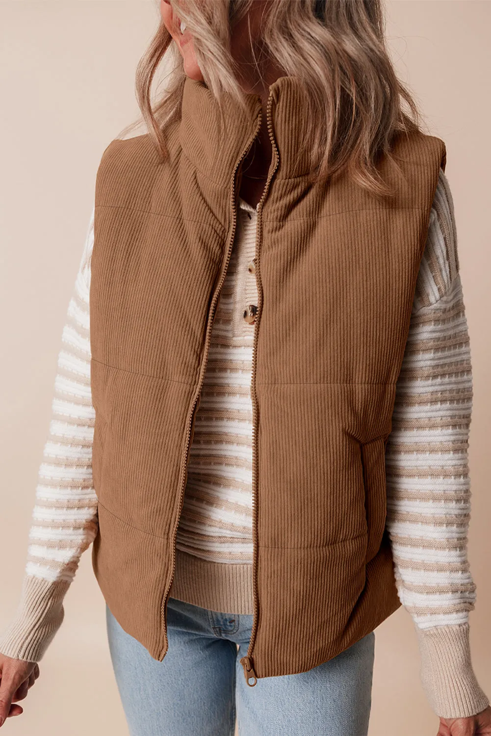 Coffee Corduroy Stand Neck Zipped Puffer Gilet