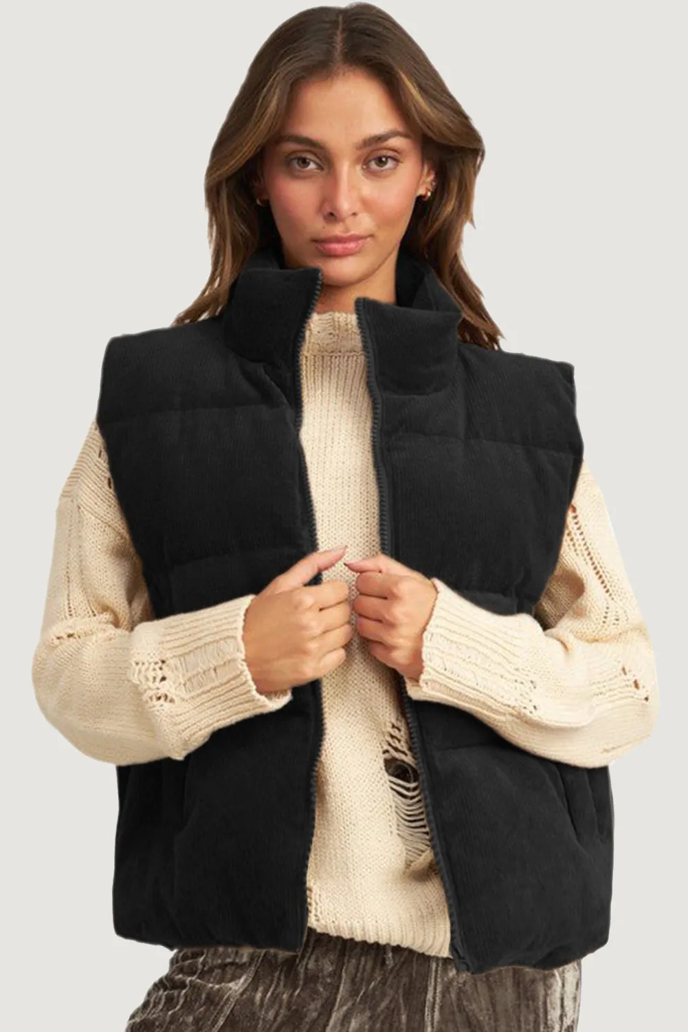 Coffee Corduroy Stand Neck Zipped Puffer Gilet