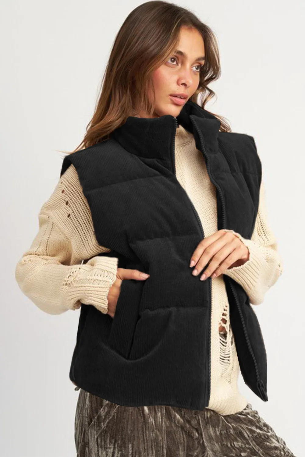 Coffee Corduroy Stand Neck Zipped Puffer Gilet