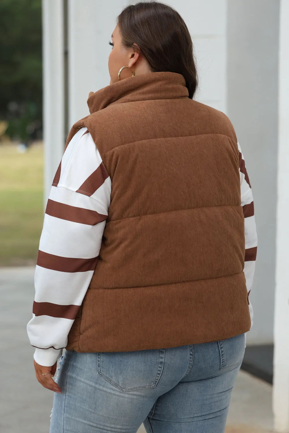 Coffee Corduroy Stand Neck Zipped Puffer Gilet