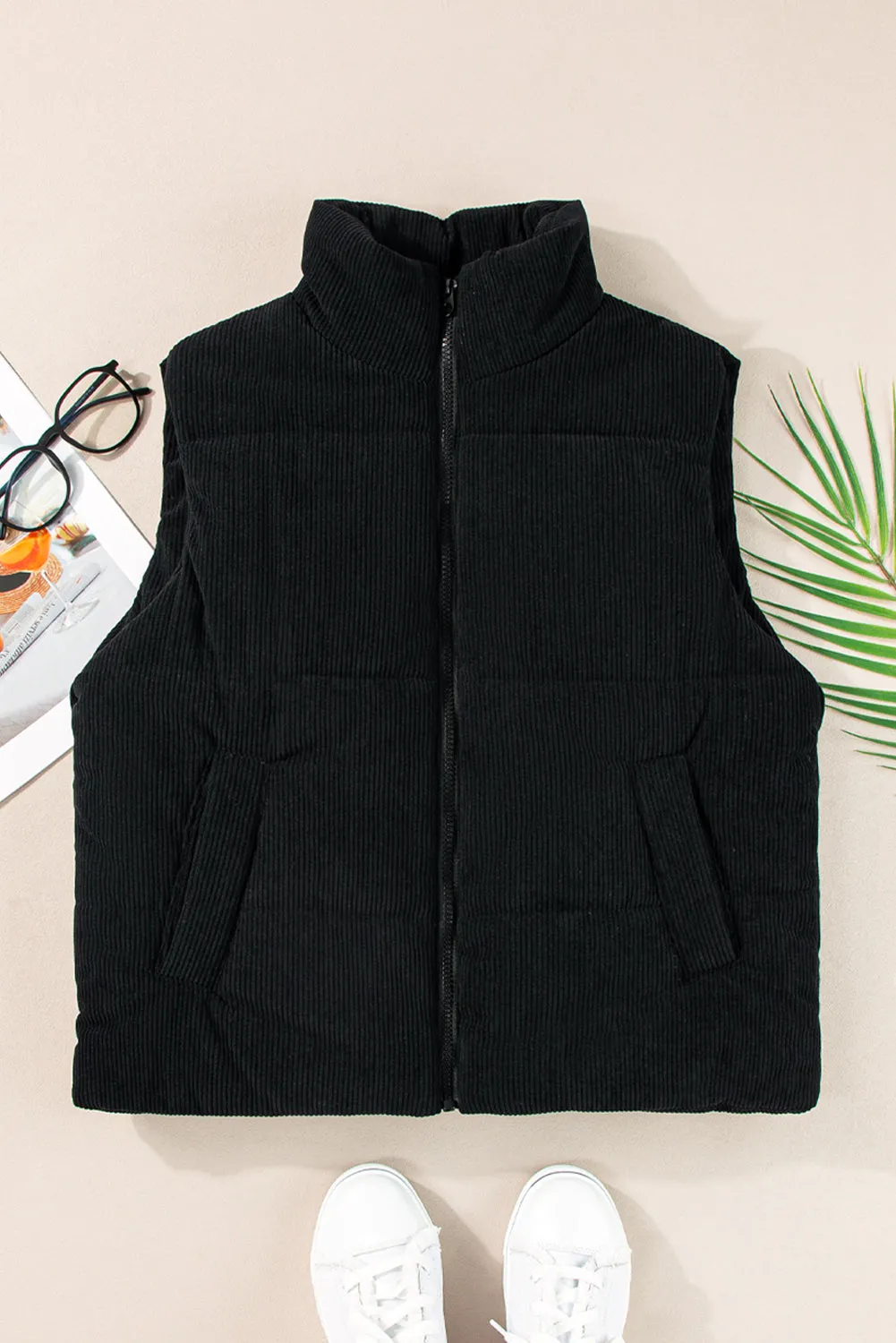 Coffee Corduroy Stand Neck Zipped Puffer Gilet