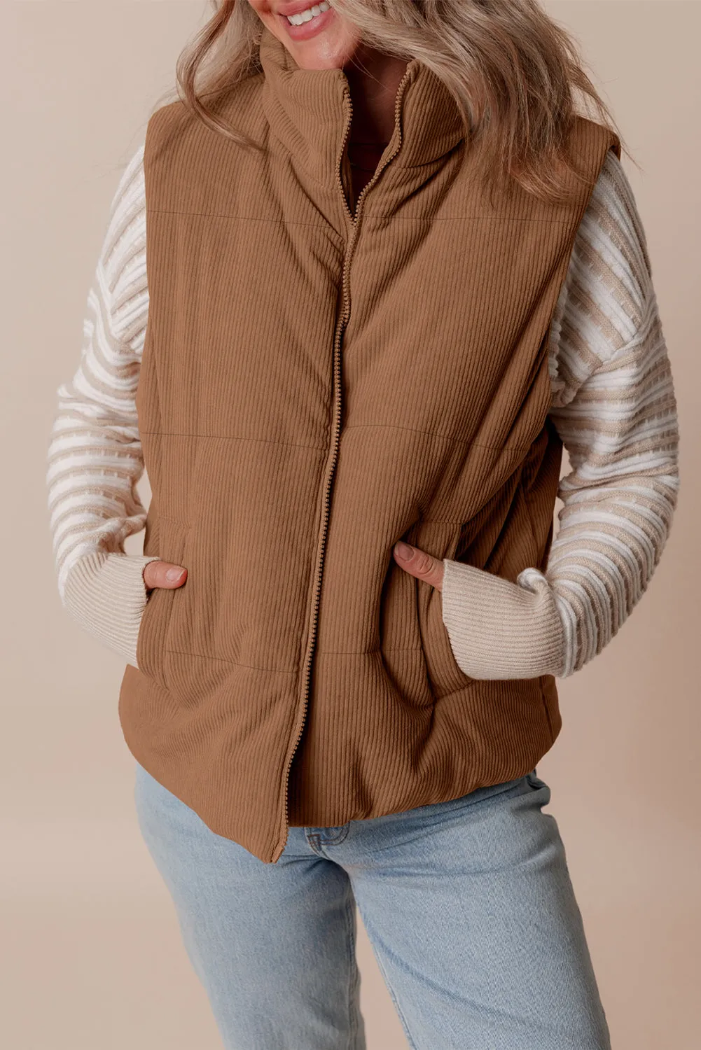 Coffee Corduroy Stand Neck Zipped Puffer Gilet