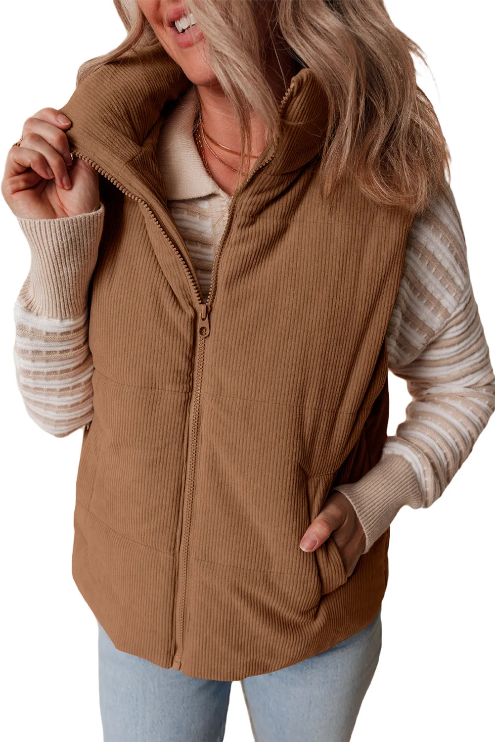 Coffee Corduroy Stand Neck Zipped Puffer Gilet