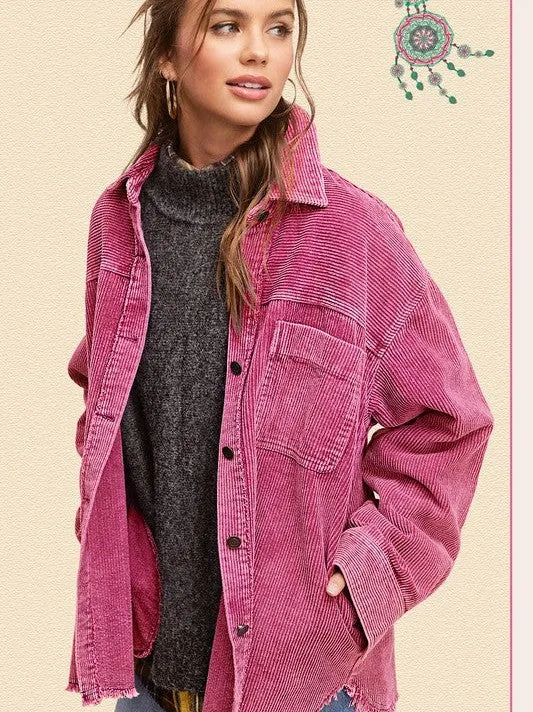 Come Alive Oversized Corduroy Shacket with Frayed Hem