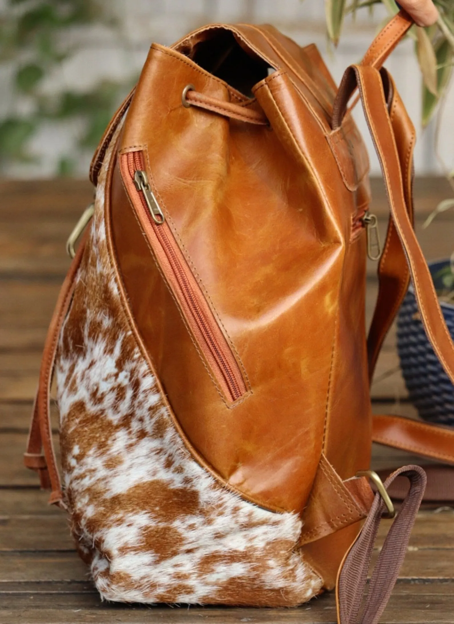 Cowhide Office Travel Backpack Brown White