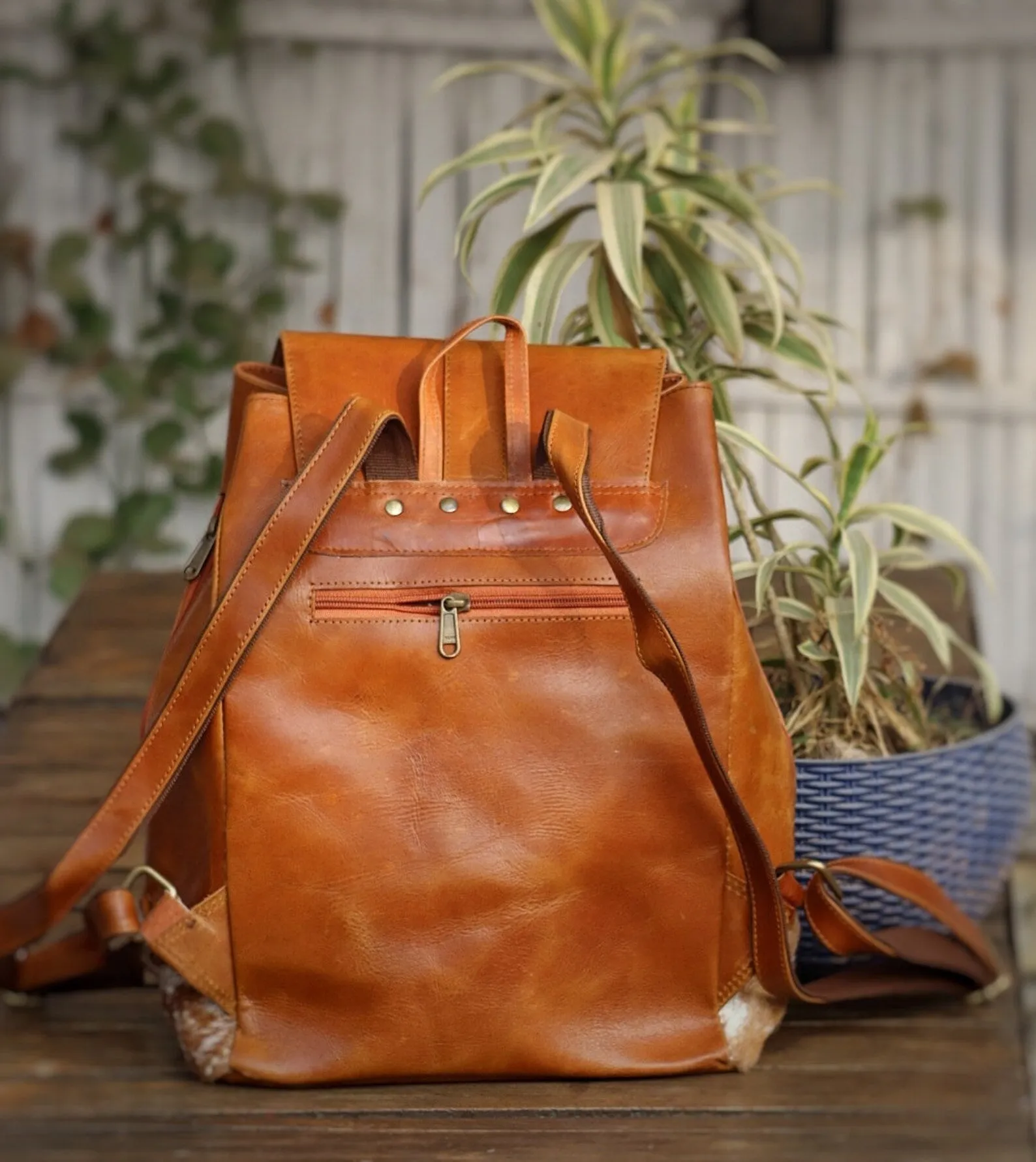 Cowhide Office Travel Backpack Brown White