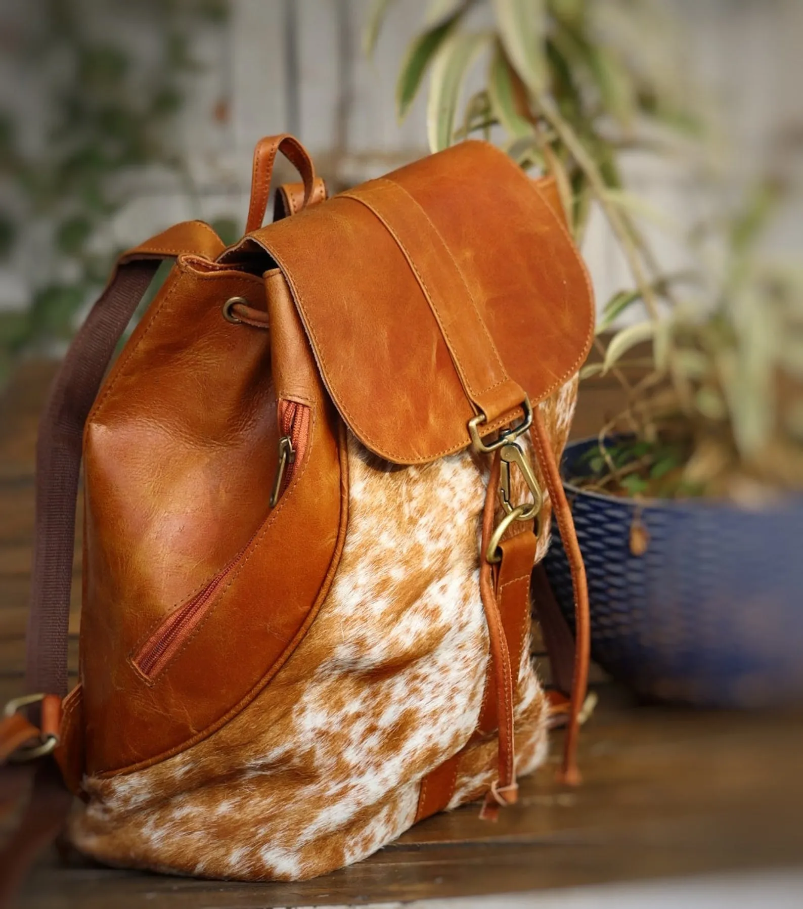 Cowhide Office Travel Backpack Brown White