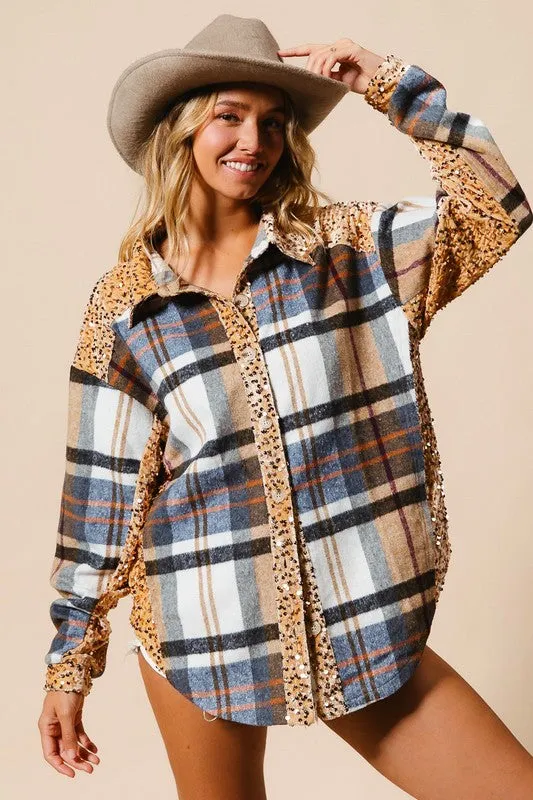 Curved Hem Sequin Plaid Button Up Shacket