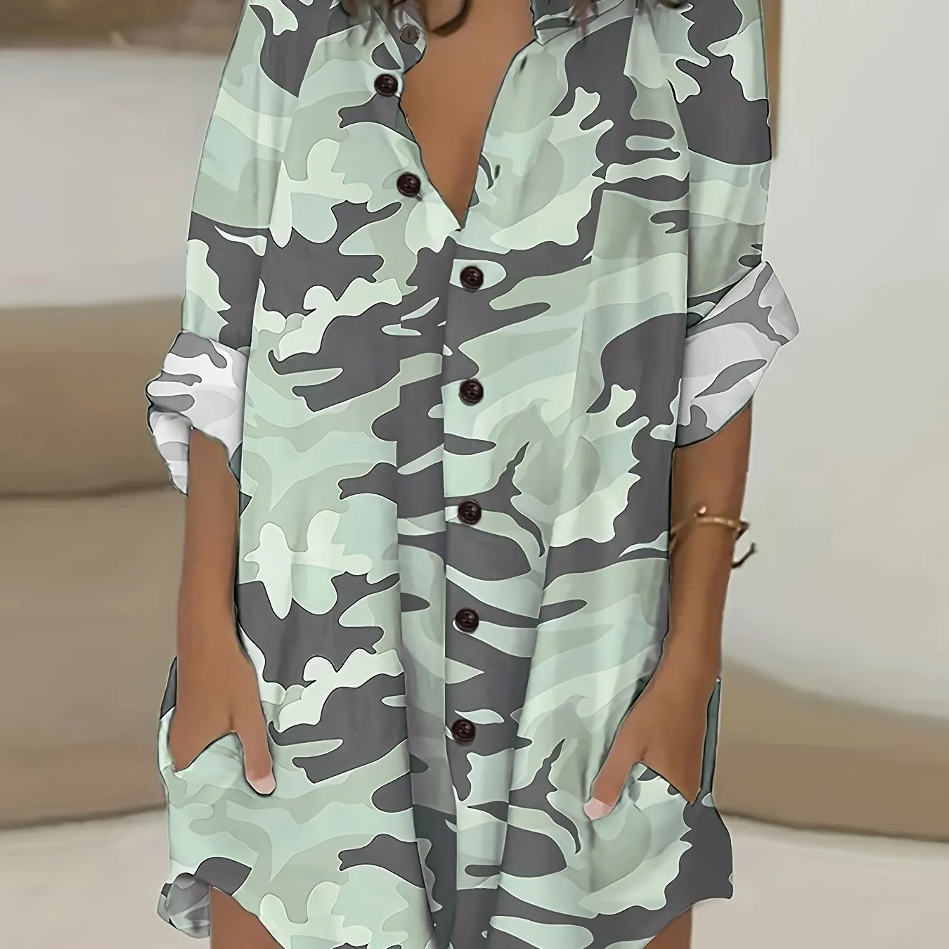 Curvy Camo Tunic Shirt Chic Plus Size Casual Blouse