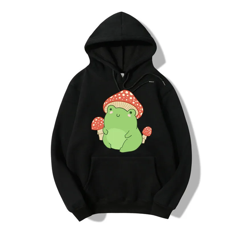 Cute Frog Sweater for Women, Kawaii Mushroom Hoodie for Teens, Hooded Clothes