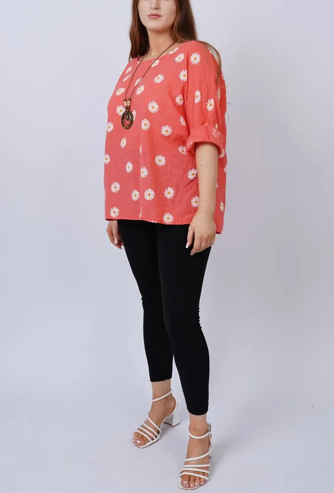 Daisy Flower Print Necklace Cotton Top