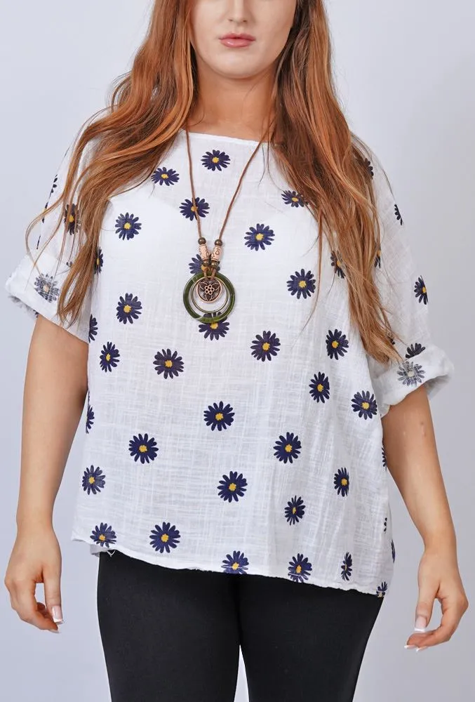 Daisy Flower Print Necklace Cotton Top