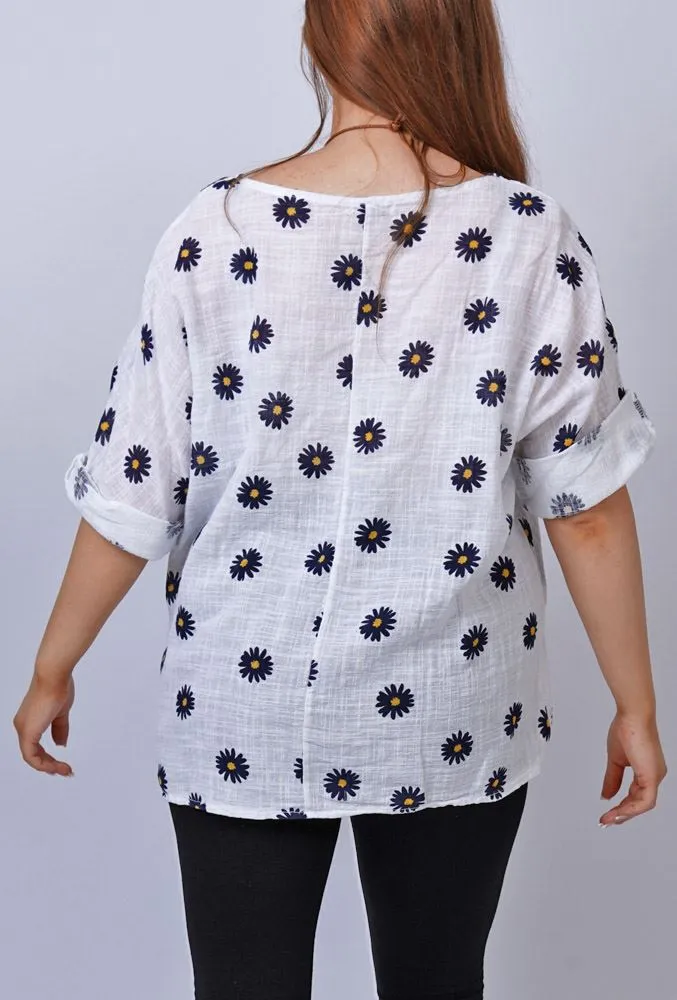 Daisy Flower Print Necklace Cotton Top