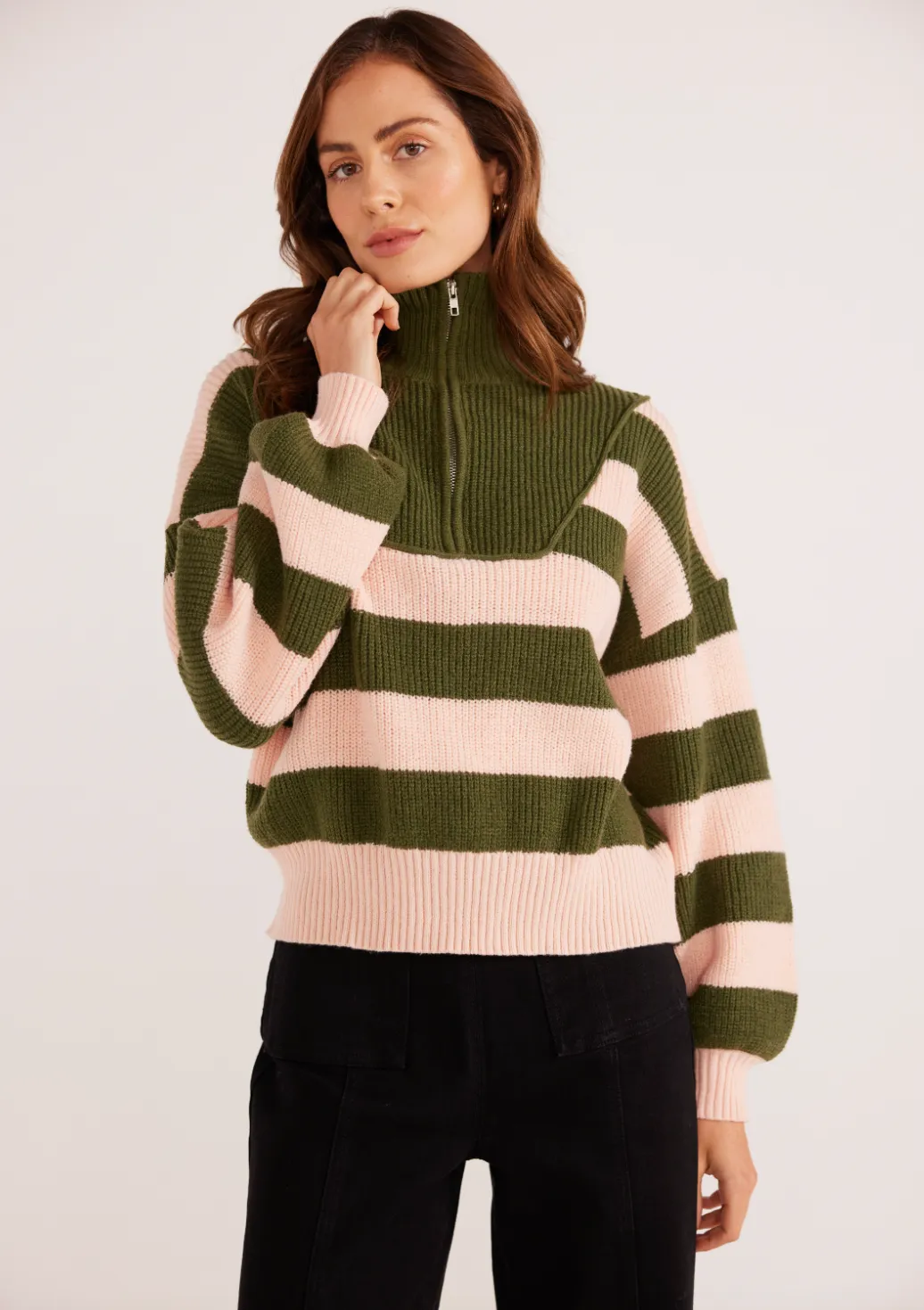 Darcy 1/4 Zip Knit Sweater - Khaki Stripe