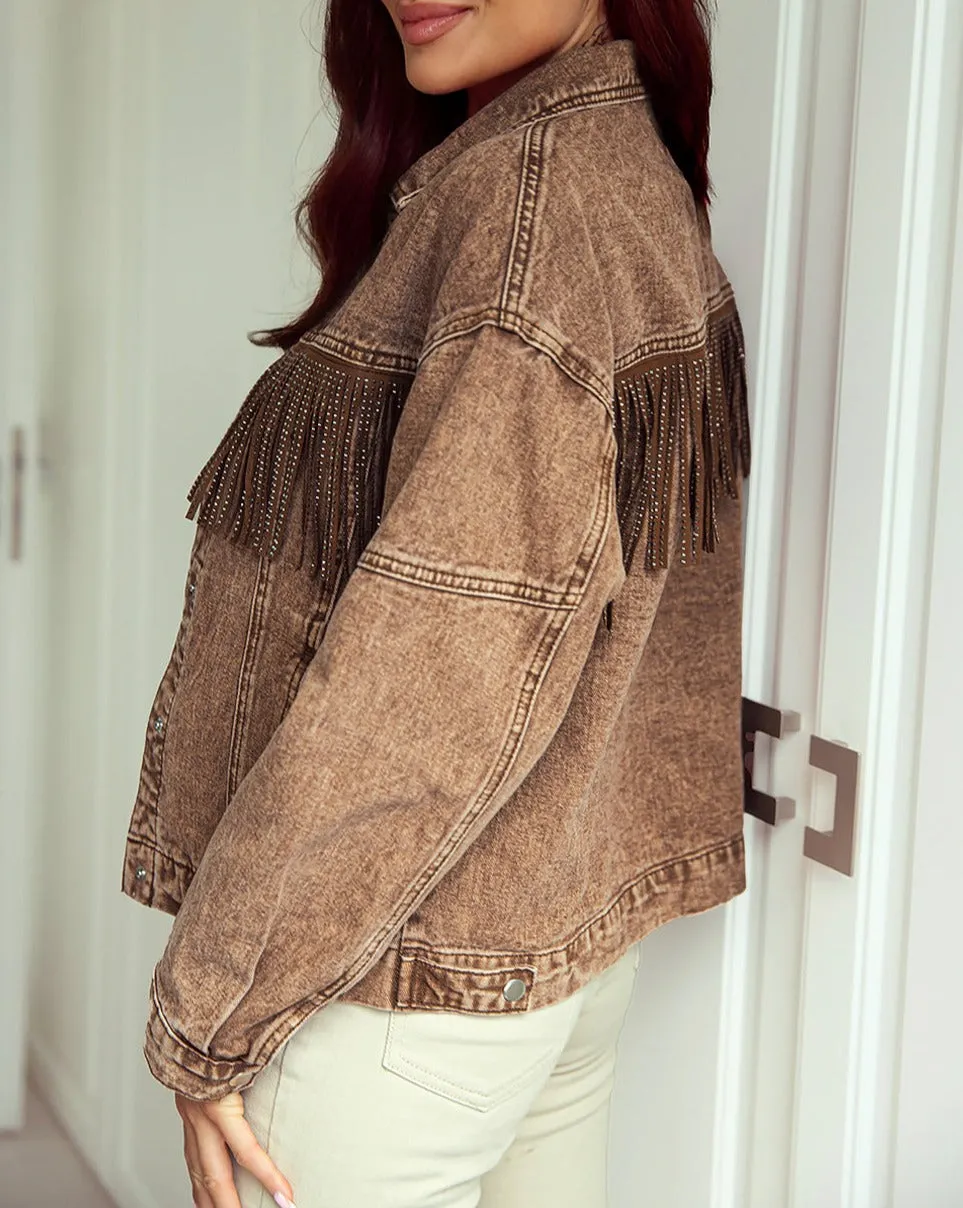 Denim Rhinestone Fringe Buttoned Jacket