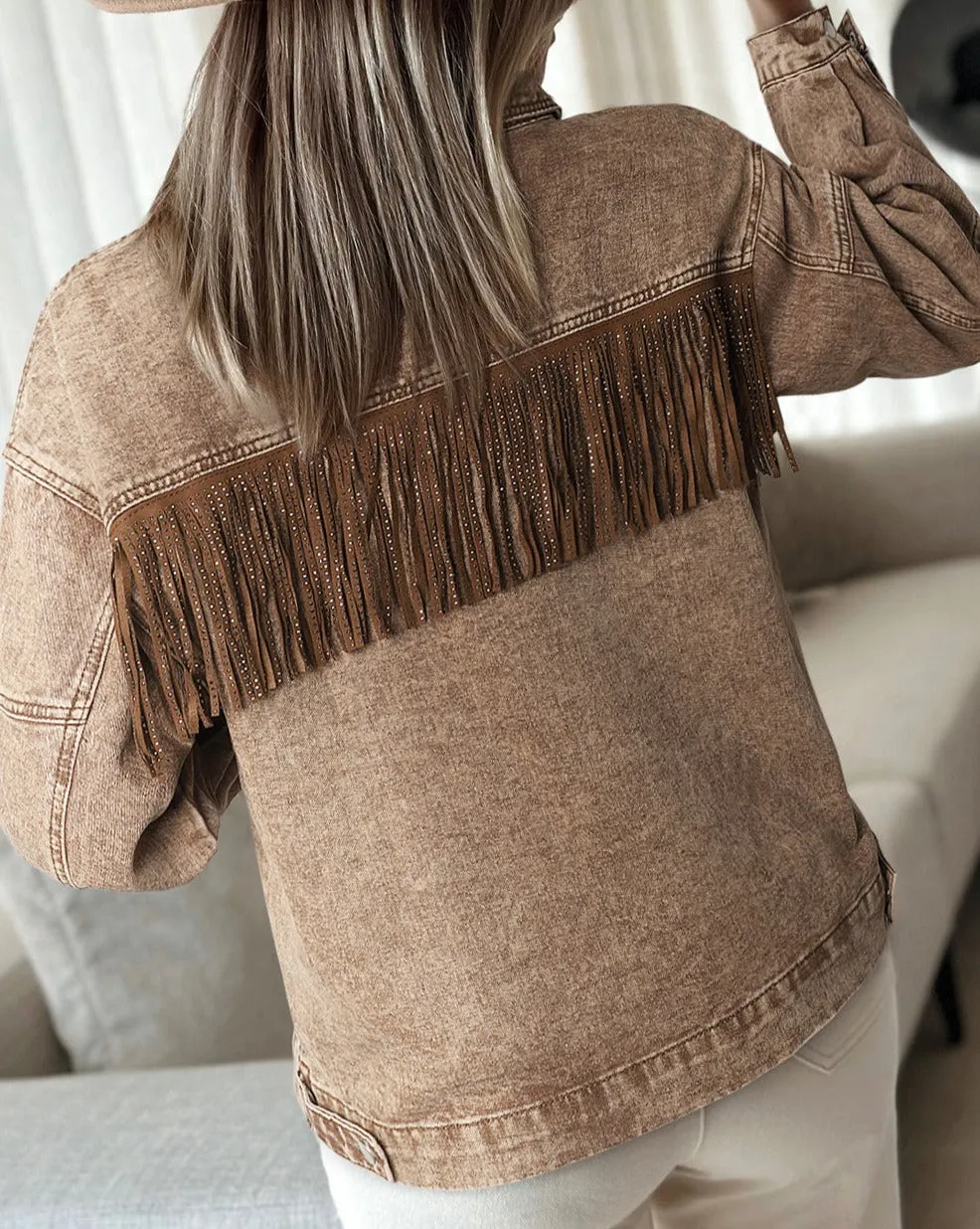 Denim Rhinestone Fringe Buttoned Jacket