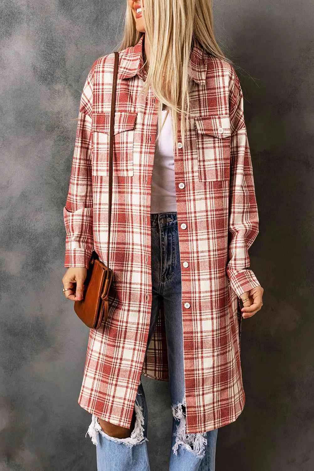 Double Take Plaid Button-Up Longline Shacket with Breast Pockets