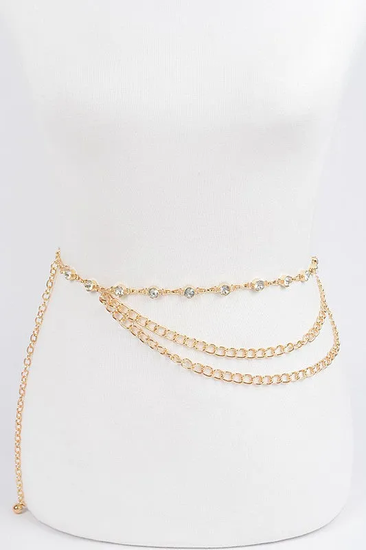 Draped Rhinestone Chain Belt - Gold