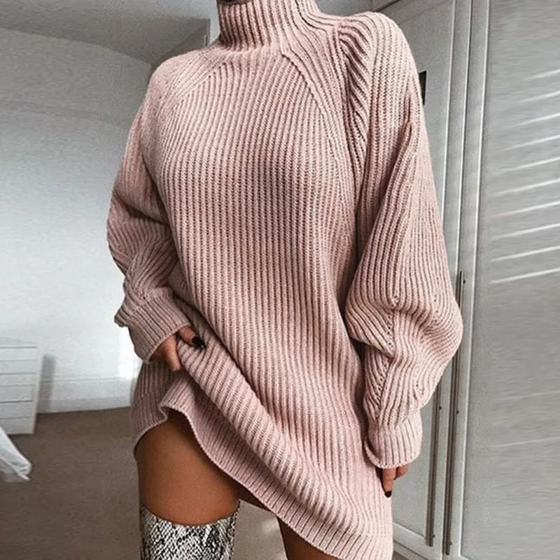 Elegant Vintage Turtle-Neck Sweater Dress