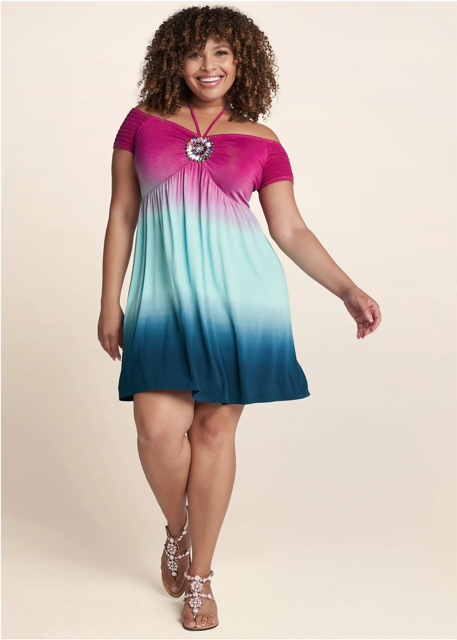 Embellished Ombre Dress - Blue & Pink