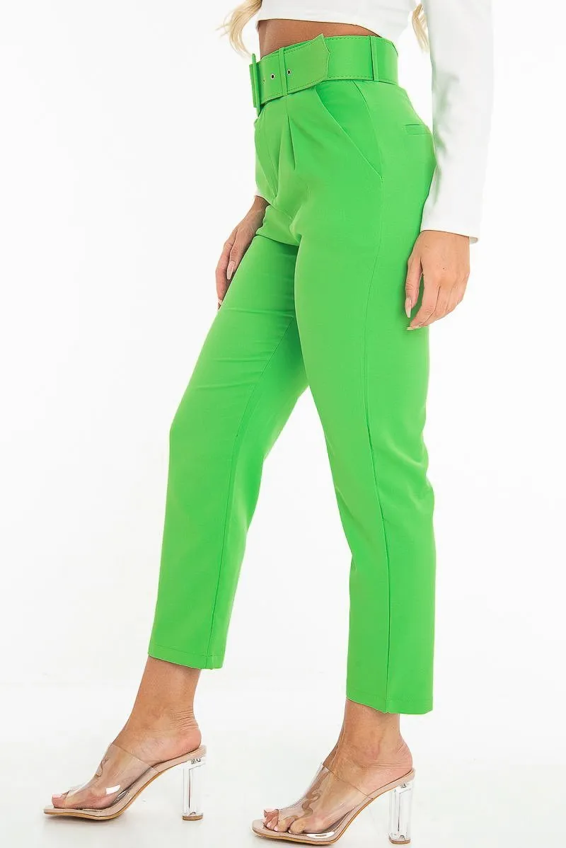 Emerald Green Belted Tapered Peg Trousers - Jessika