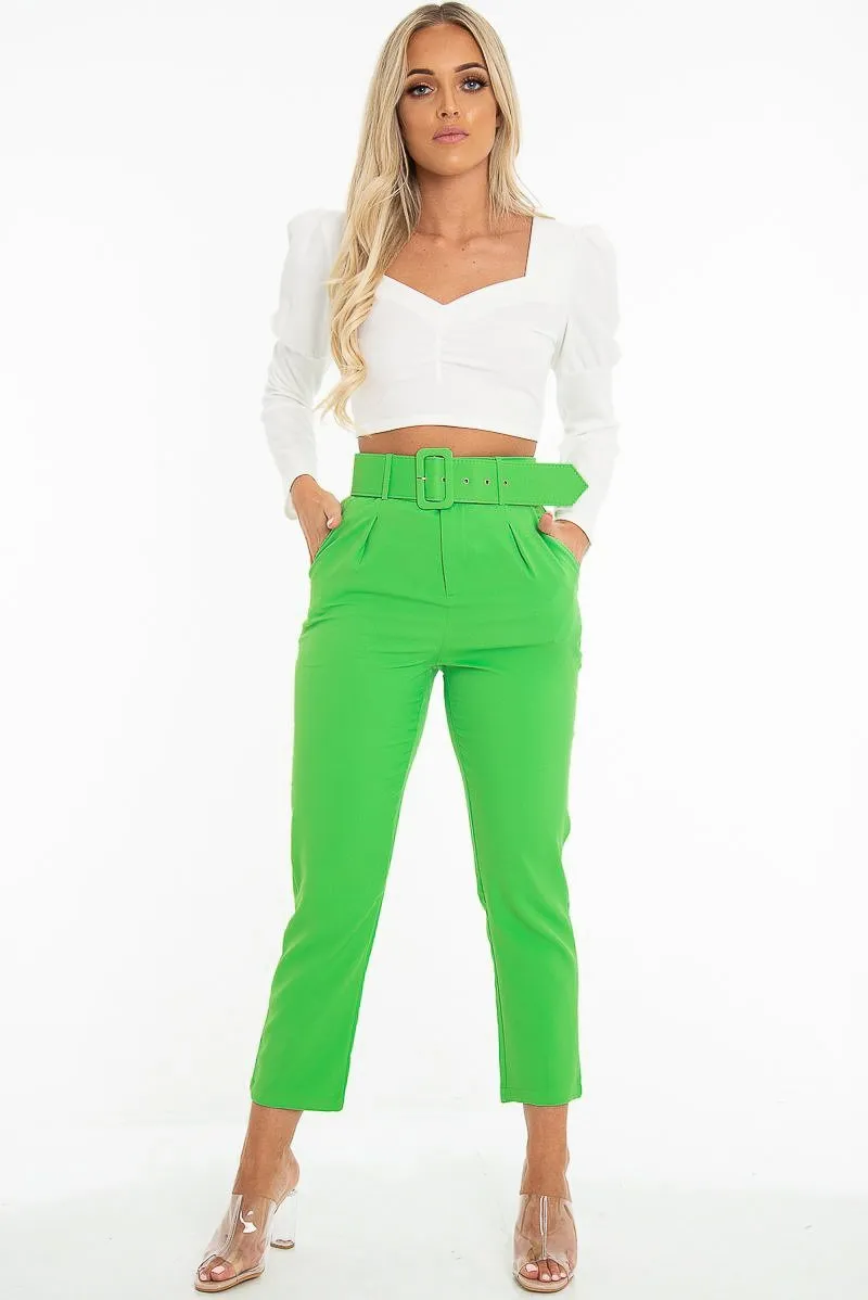 Emerald Green Belted Tapered Peg Trousers - Jessika