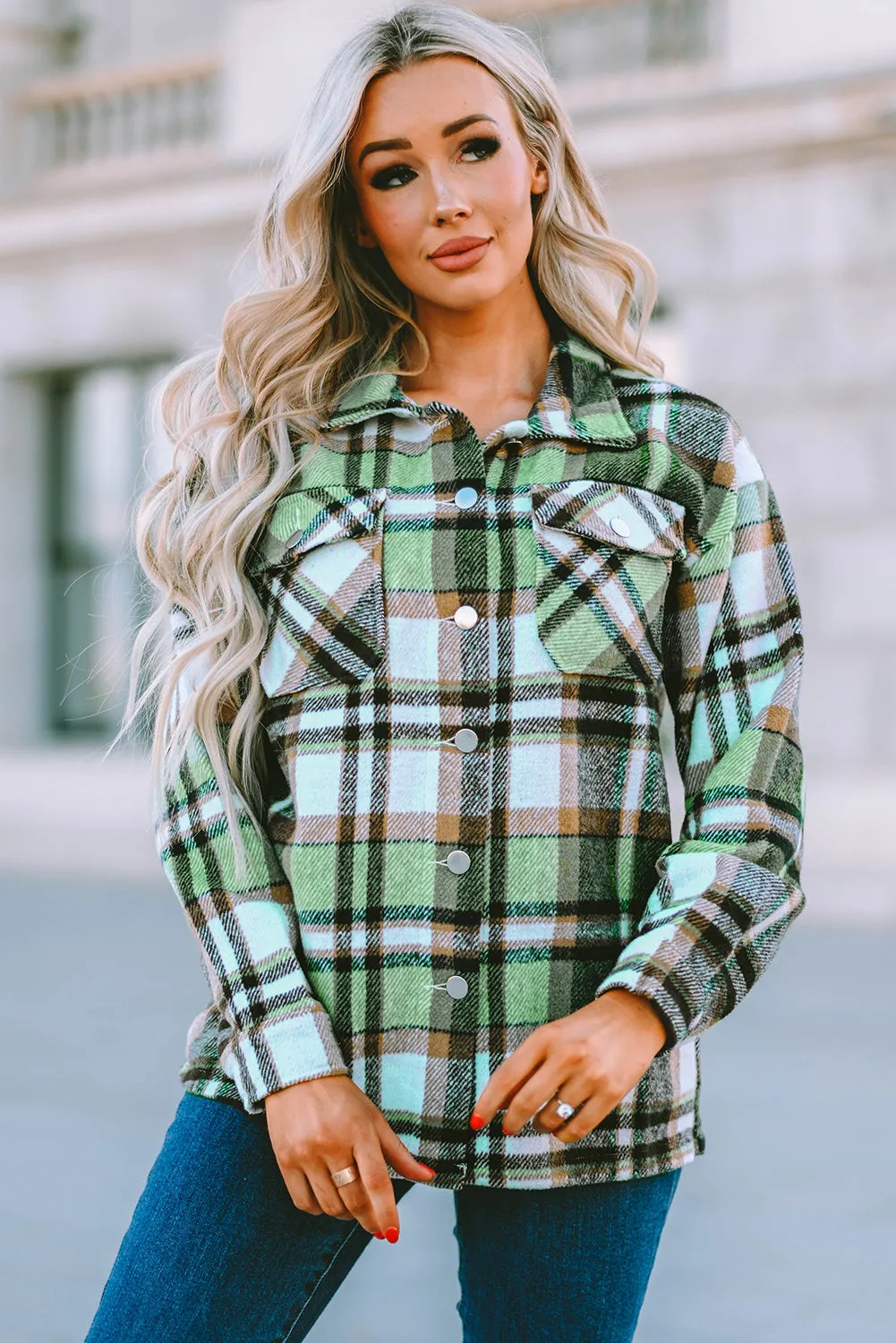 'Esther' Plaid Pocketed Button Down Shacket