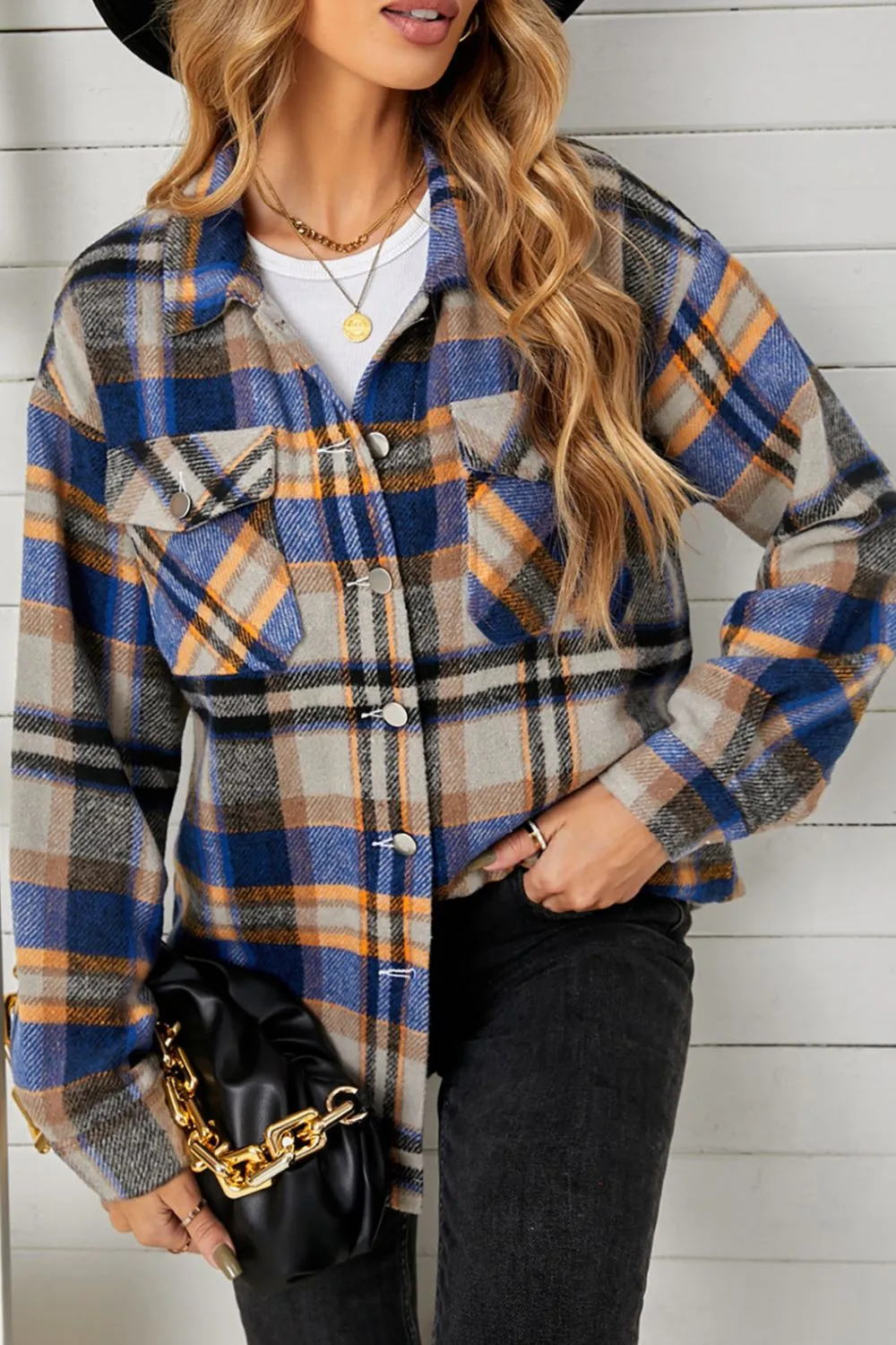 'Esther' Plaid Pocketed Button Down Shacket