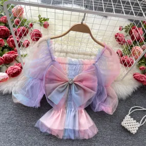 Fashion Tunic Women Blouse Elegant Rainbow Japan Party Tops Puff Sleeve Bow Knot Tuxedo Shirt Luxury Diamond Summer Blouse