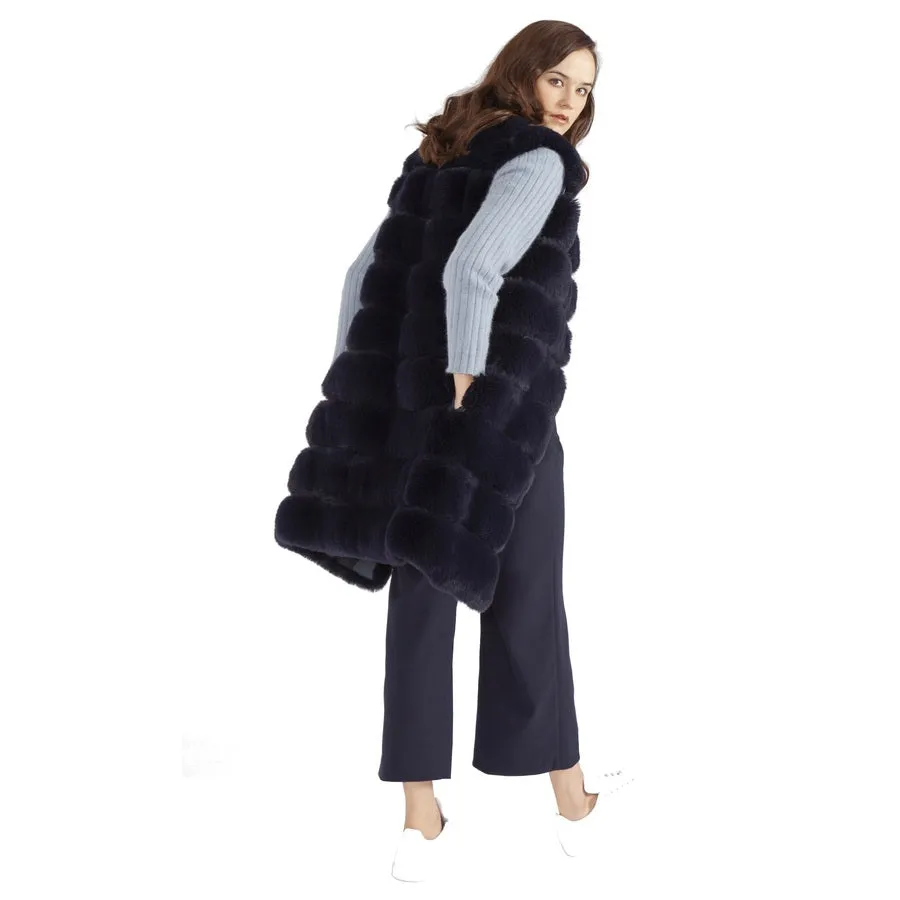 Faux Fur Long Gilet in Navy