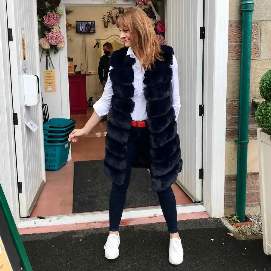 Faux Fur Long Gilet in Navy