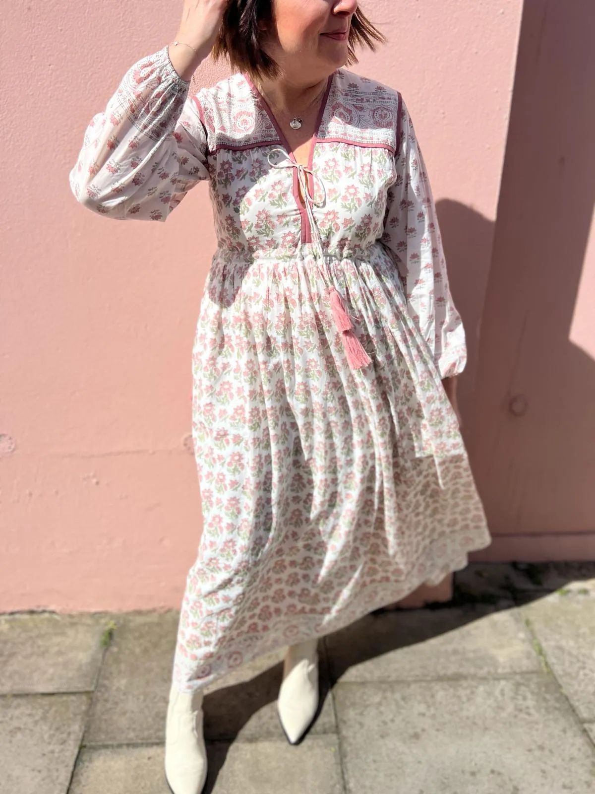 Fifi Boho Midaxi Dress In White & Dusty Pink