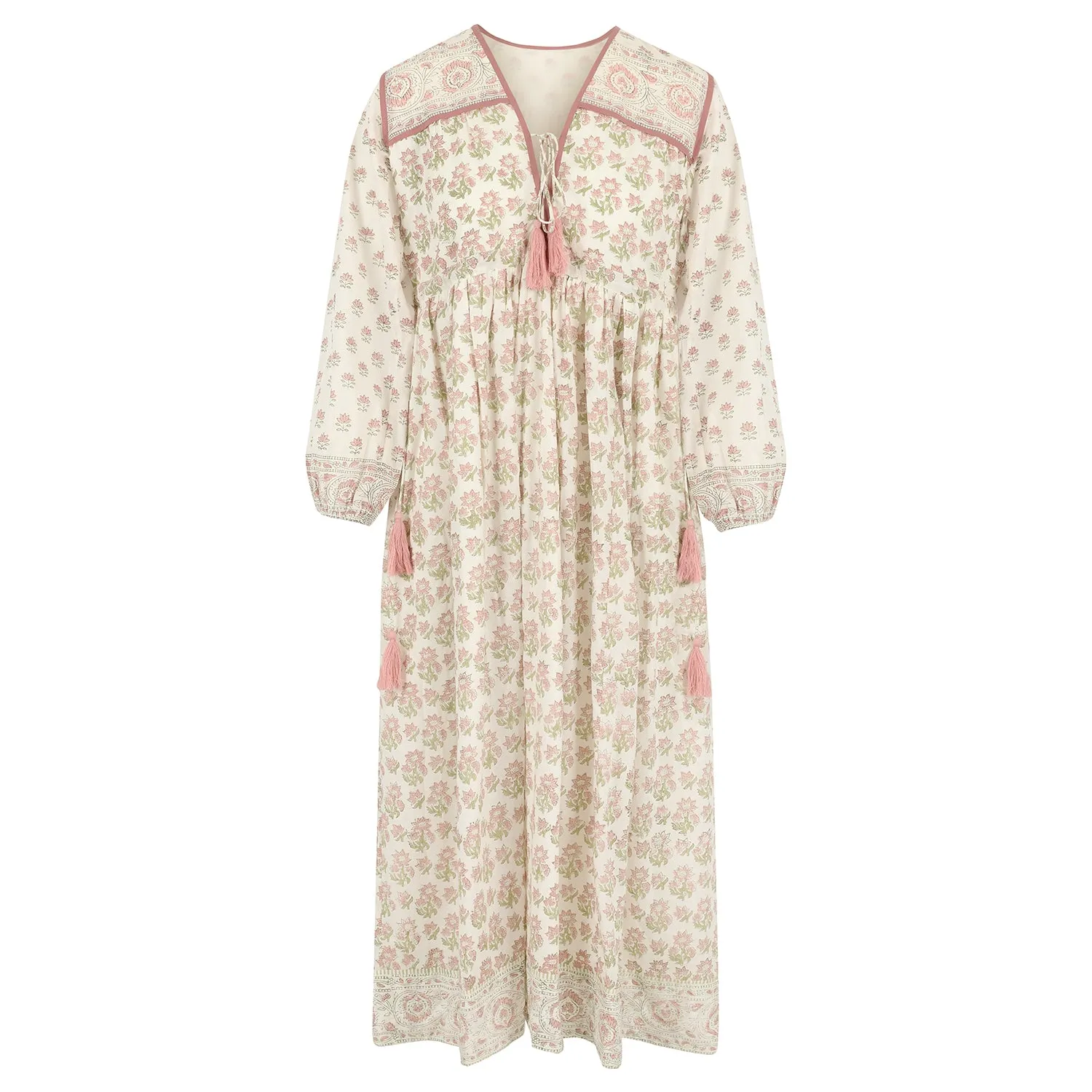 Fifi Boho Midaxi Dress In White & Dusty Pink