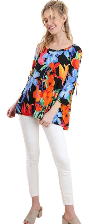 Floral Cutout Shoulder Top, Black