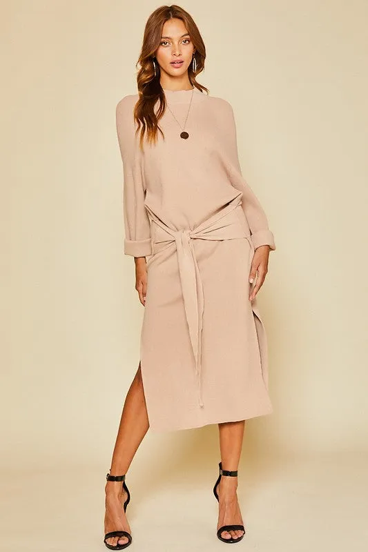 Front Tie Sweater Dress (Khaki)