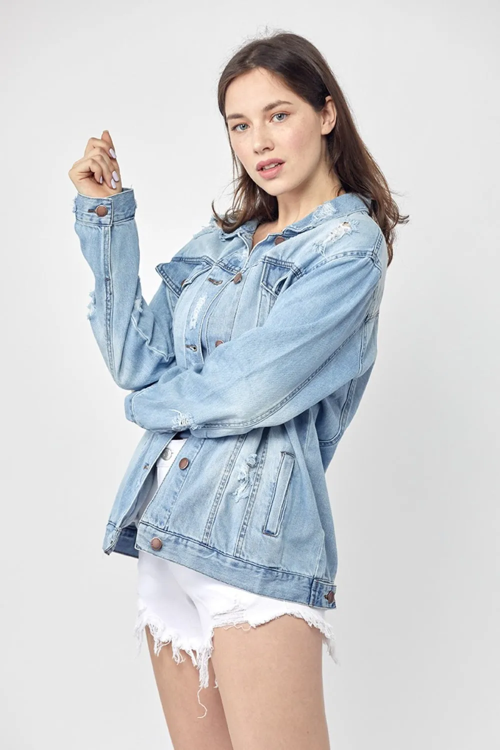 Full Size Distressed Long Sleeve Denim Jacket