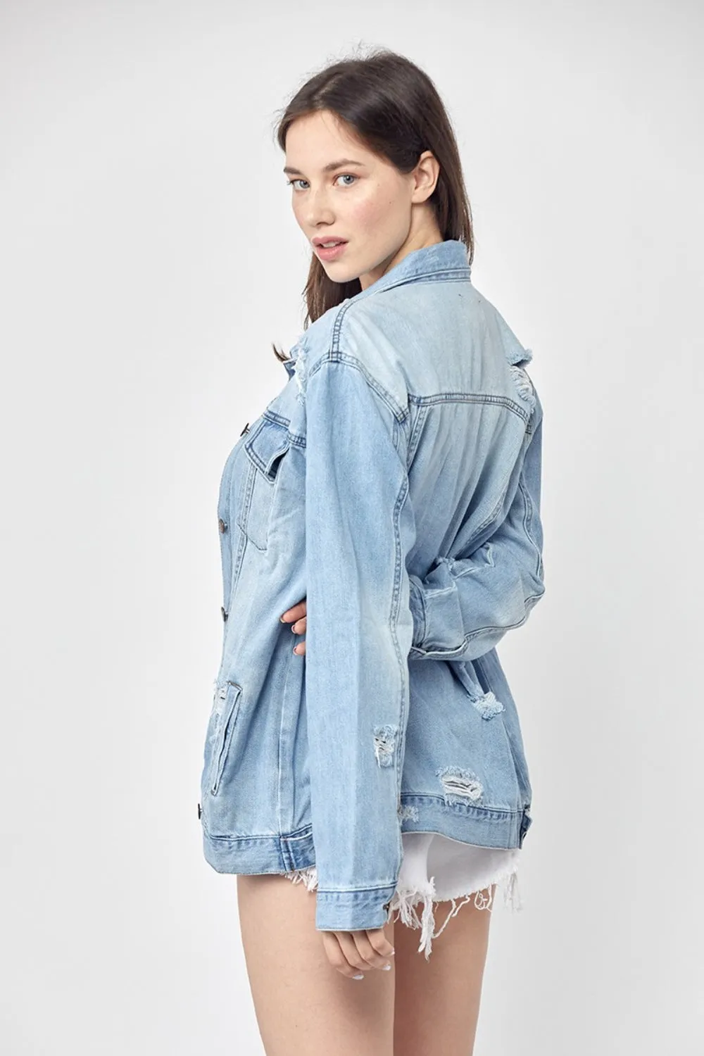 Full Size Distressed Long Sleeve Denim Jacket