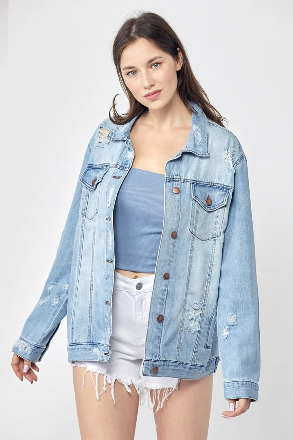 Full Size Distressed Long Sleeve Denim Jacket