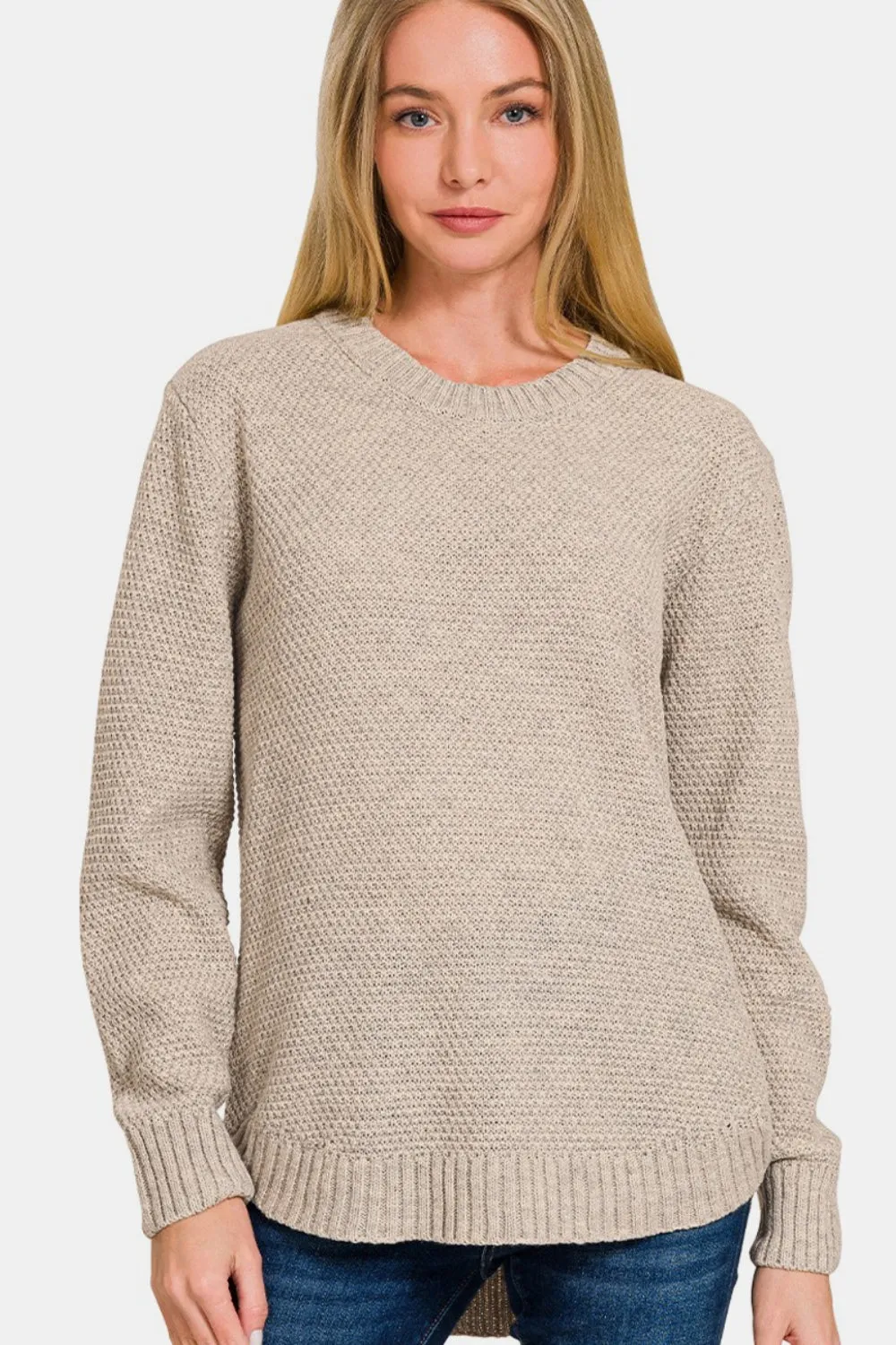 Full Size Round Neck Long Sleeve Curved Hem Sweater