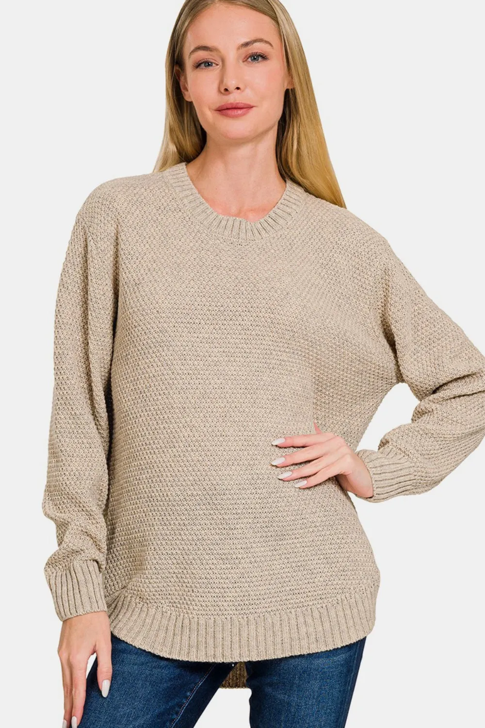 Full Size Round Neck Long Sleeve Curved Hem Sweater