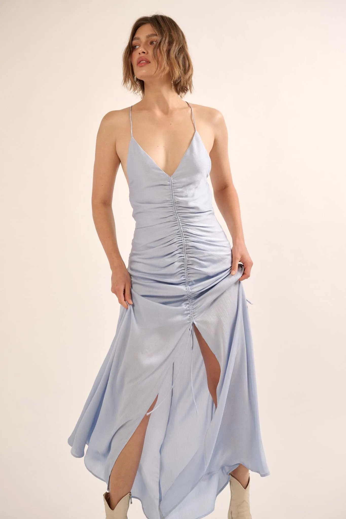 Gala Girl Textured Satin Drawstring Maxi Slip Dress