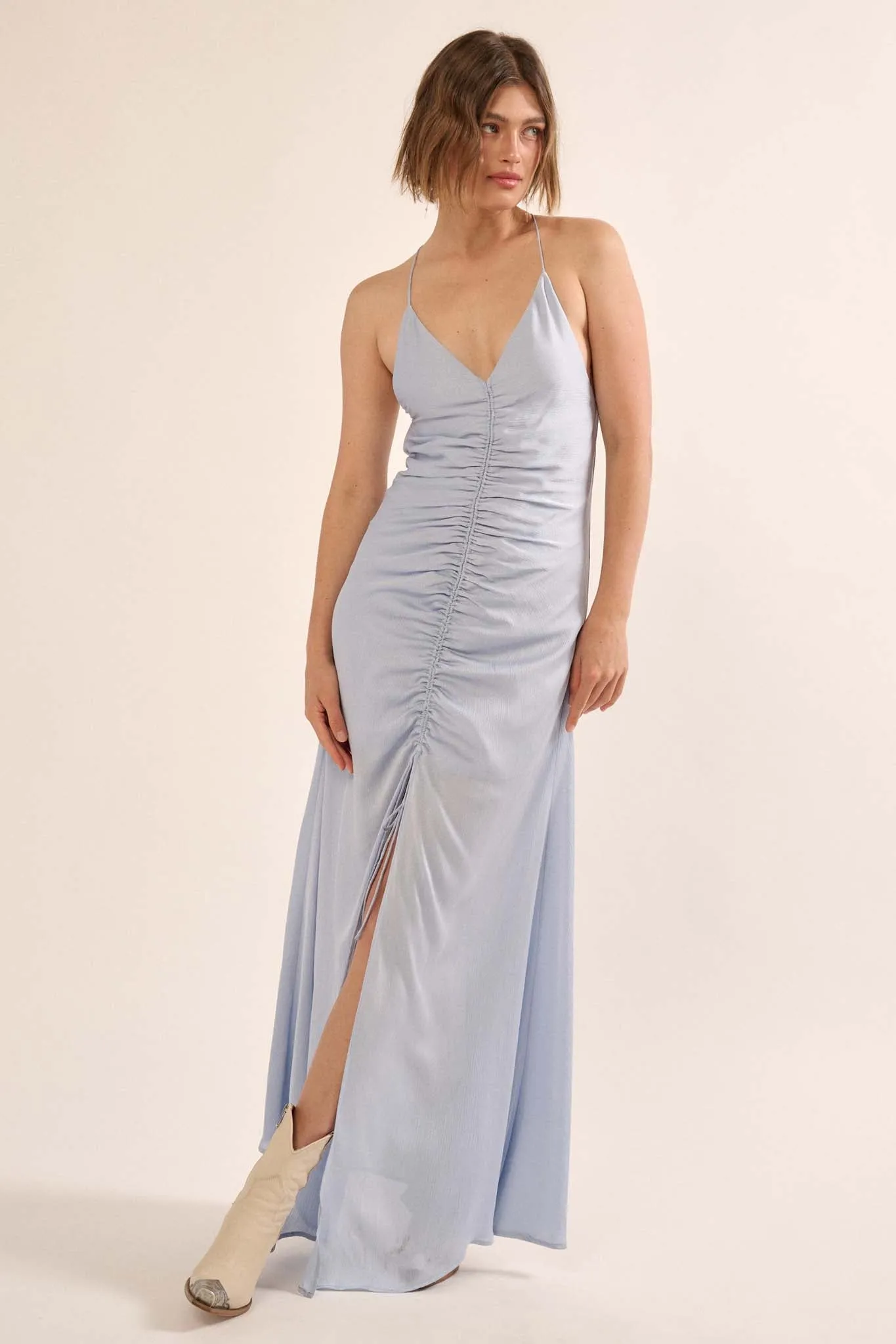 Gala Girl Textured Satin Drawstring Maxi Slip Dress