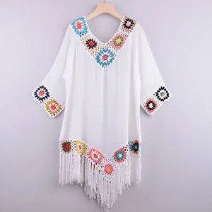 Get Beach-Ready Elegance with a White Bikini Cover Up featuring Stylish Fringe Trim FREE SHIPPING